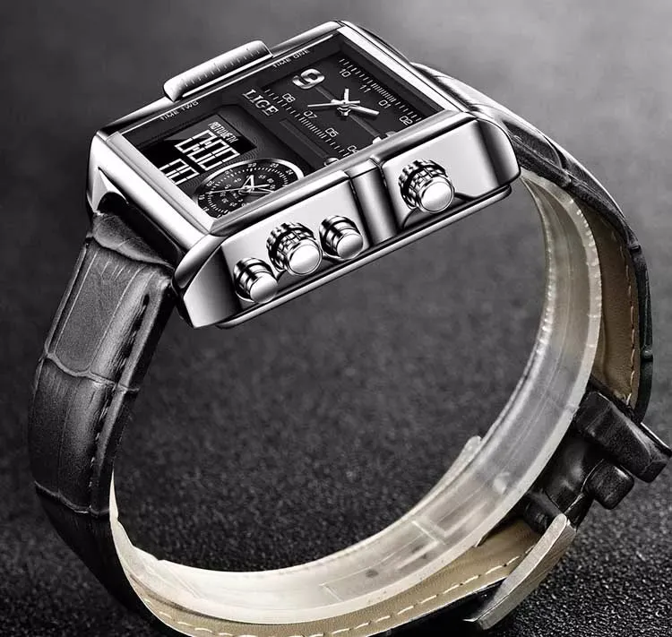 WW1729 Lige Triple Time Square Stainless Steel Belt Watch 8925