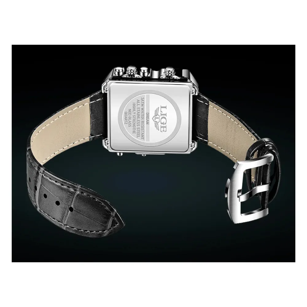 WW1729 Lige Triple Time Square Stainless Steel Belt Watch 8925