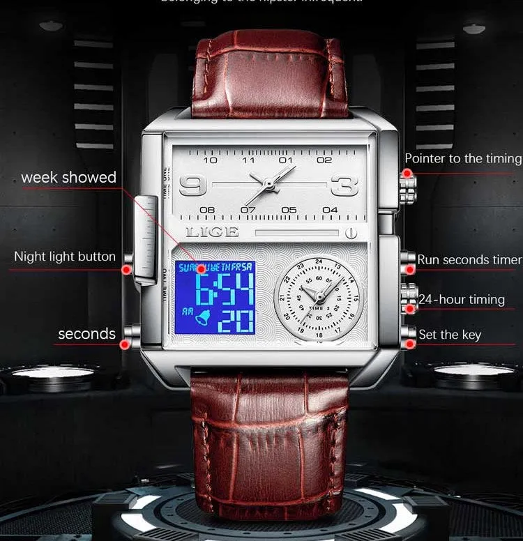 WW1730 Lige Triple Time Square Stainless Steel Belt Watch 8925