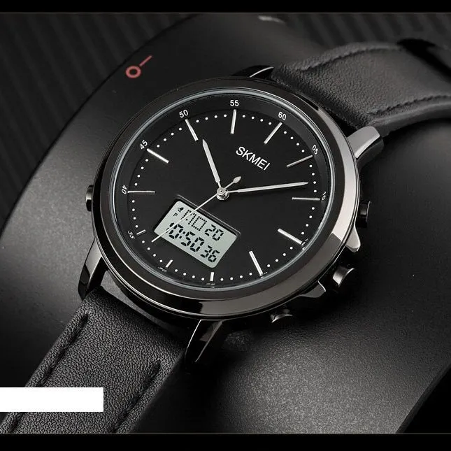 WW1856 Skmei Dual Time Black Leather Belt Watch 1652